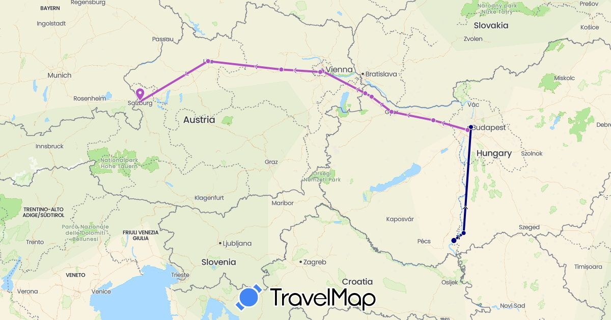 TravelMap itinerary: driving, train in Austria, Hungary (Europe)